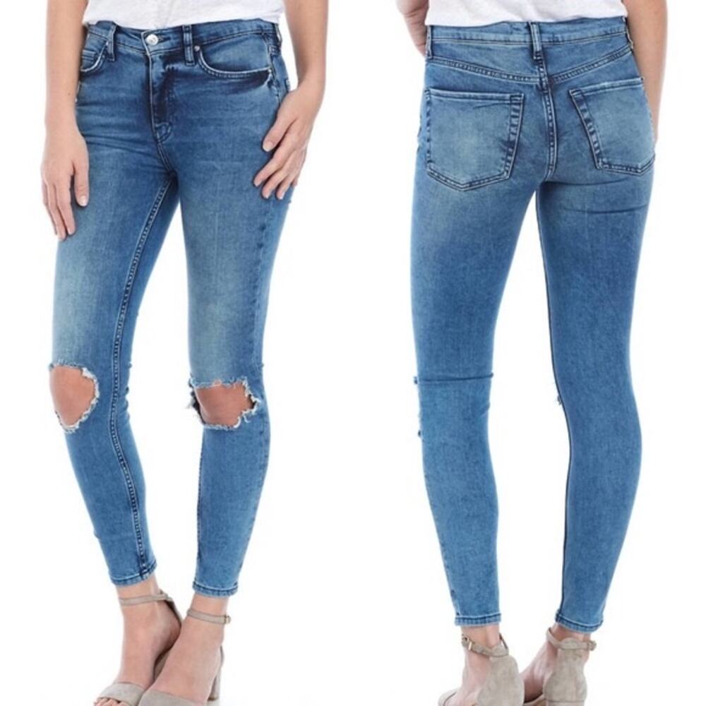 Free People High Rise Busted Ripped Knee Blue‎ Skinny Jeans Size 28